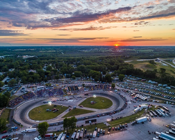 Aerial drone view of Slinger Speedway at sunset by QC Willy