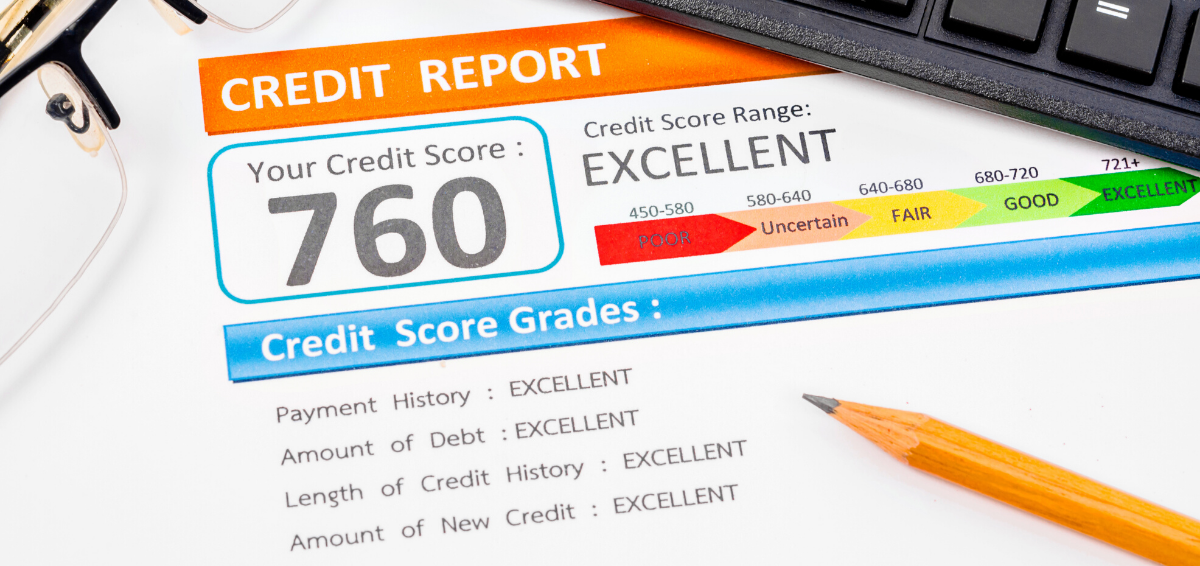 This image depicts a copy of a credit report with a credit score of 760.